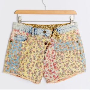 FARM Rio Floral Patchwork Denim Shorts in Yellow, Blue, Pink